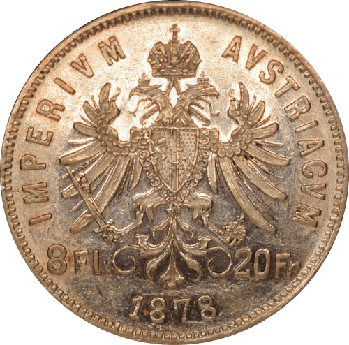Revers 8 florins / 20 francs François Joseph Ier 1878